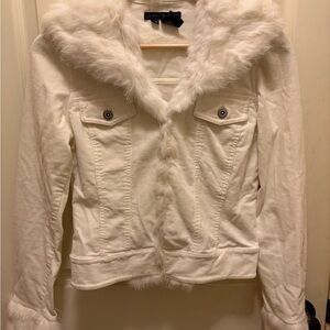 Vintage Y2K Sheri Bodell Corduroy White 100% Rabbit Fur Trim Jacket Sz XS